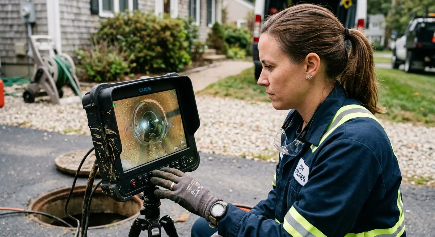 Technician reviewing sewer camera inspection footage in Elkton