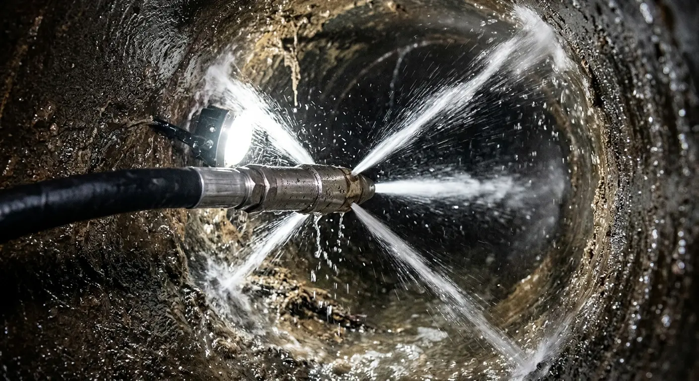 High-pressure hydro jetting nozzle cleaning sewer pipe for Trenchless Sewer Repair in Elkton