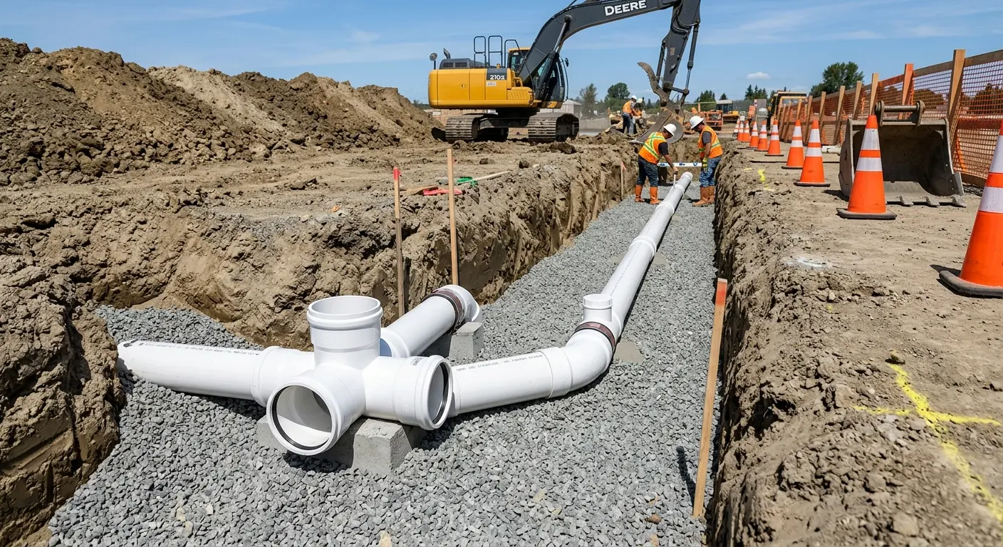 New PVC sewer pipe installation in open trench for Sewer Backup in Elkton